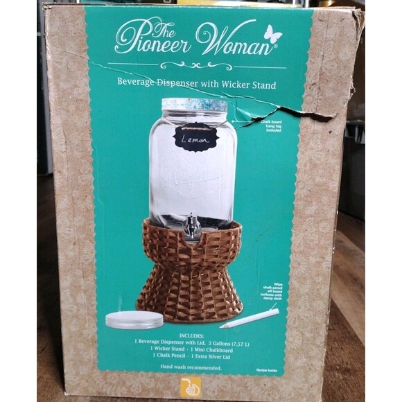 The Pioneer Woman Beverage Dispenser 2-Gallon With Wicker Stand New Open Box - Picture 2 of 4